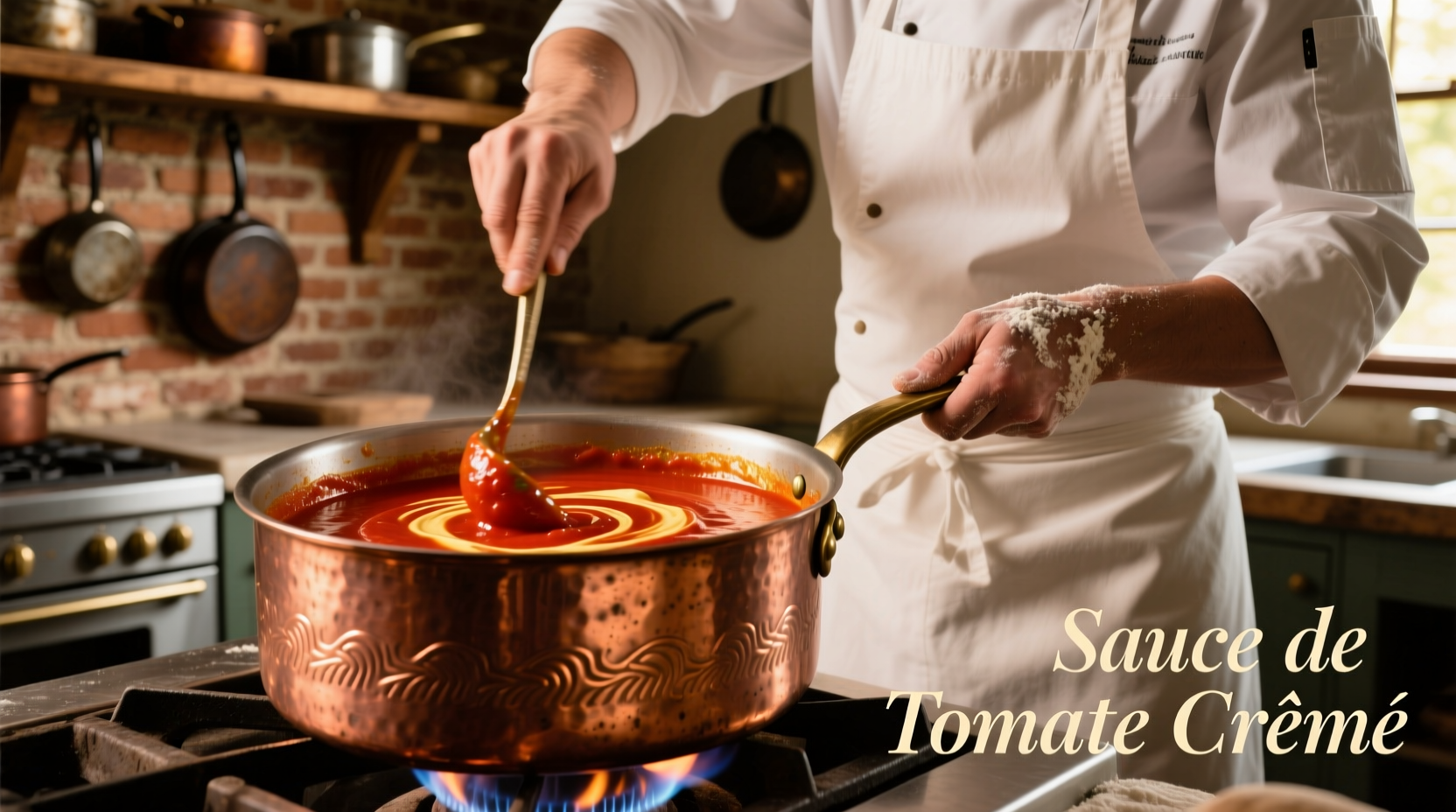 Chef stirring velvety tomato cream sauce in copper pot