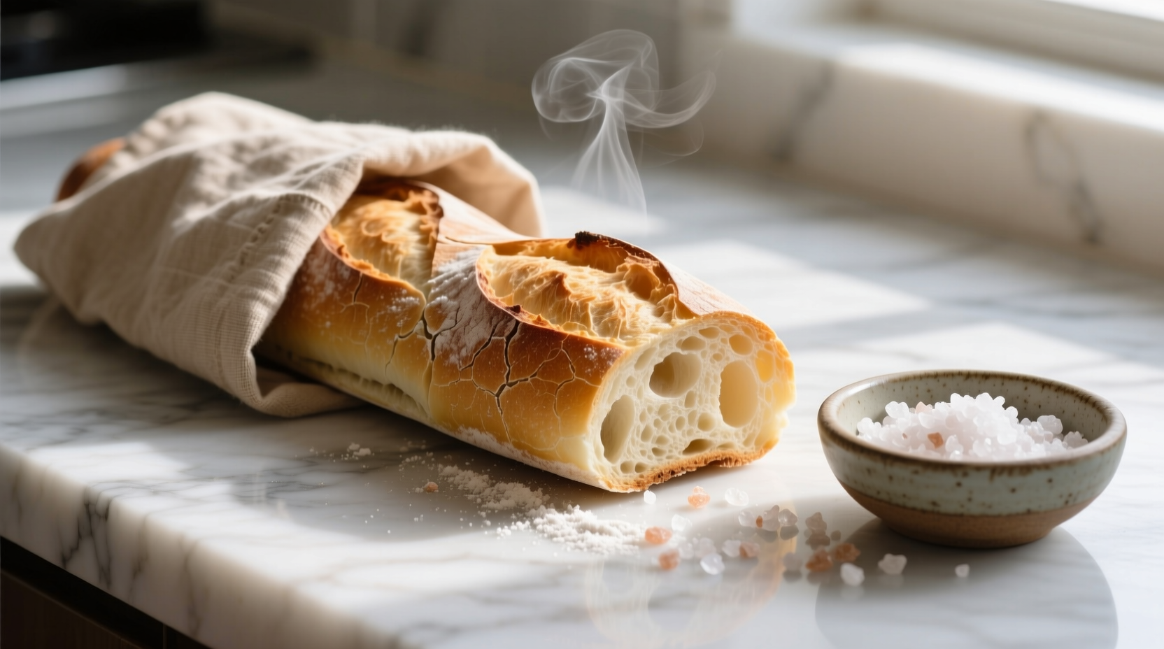 A freshly baked baguette resting cut-side down on a natural beige linen bag, folded loosely at the top, placed on a marble countertop beside a small ceramic bowl of coarse sea salt