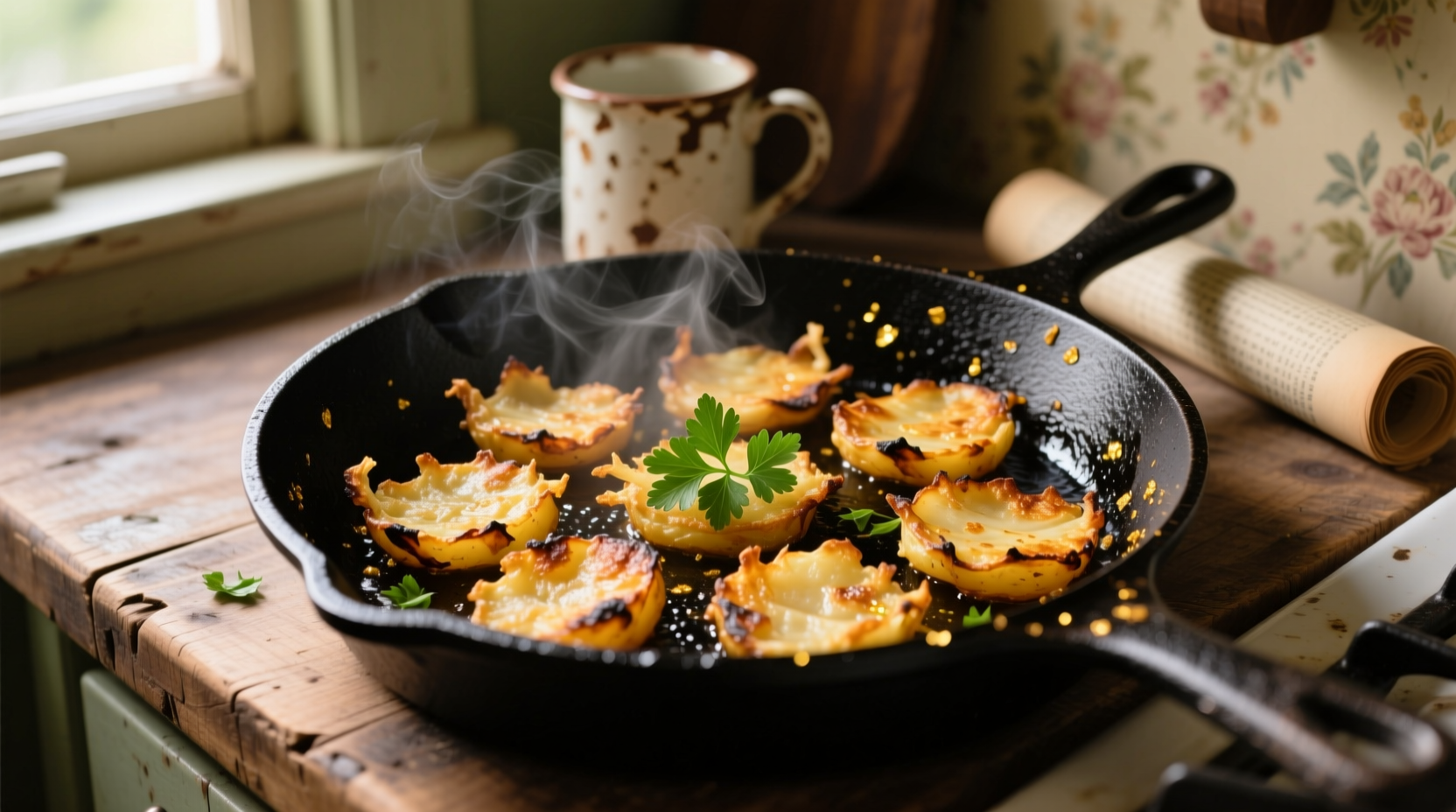 Golden brown shredded potato hash browns in cast iron skillet