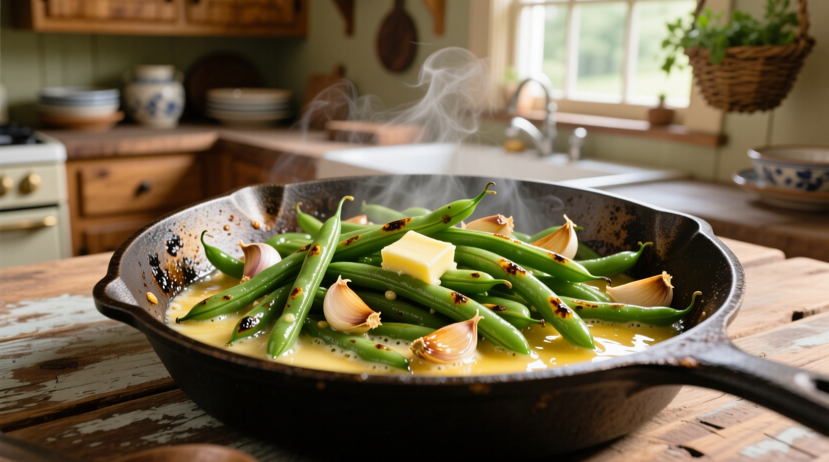 Crisp green beans with garlic and butter in cast iron skillet