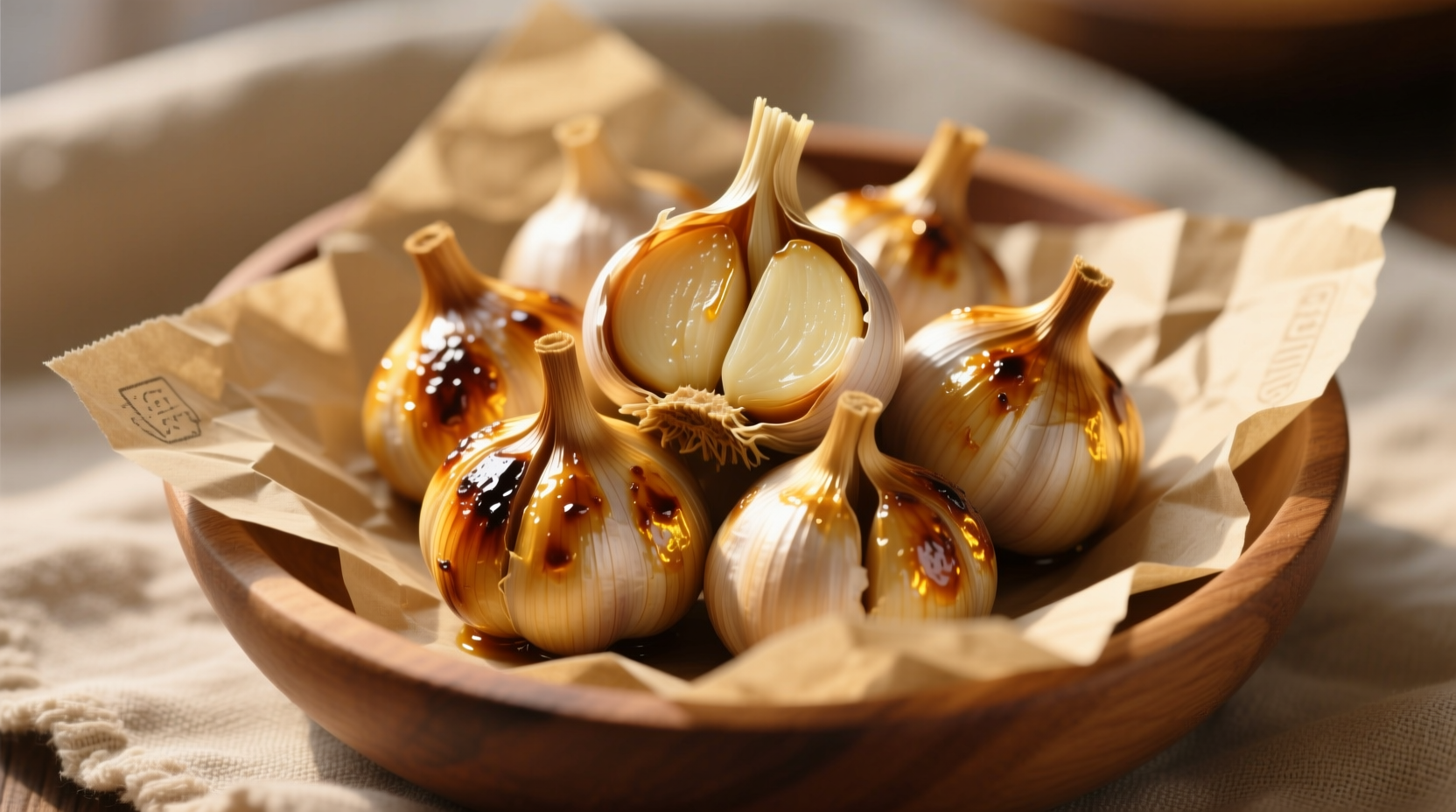 Golden roasted garlic cloves on parchment paper