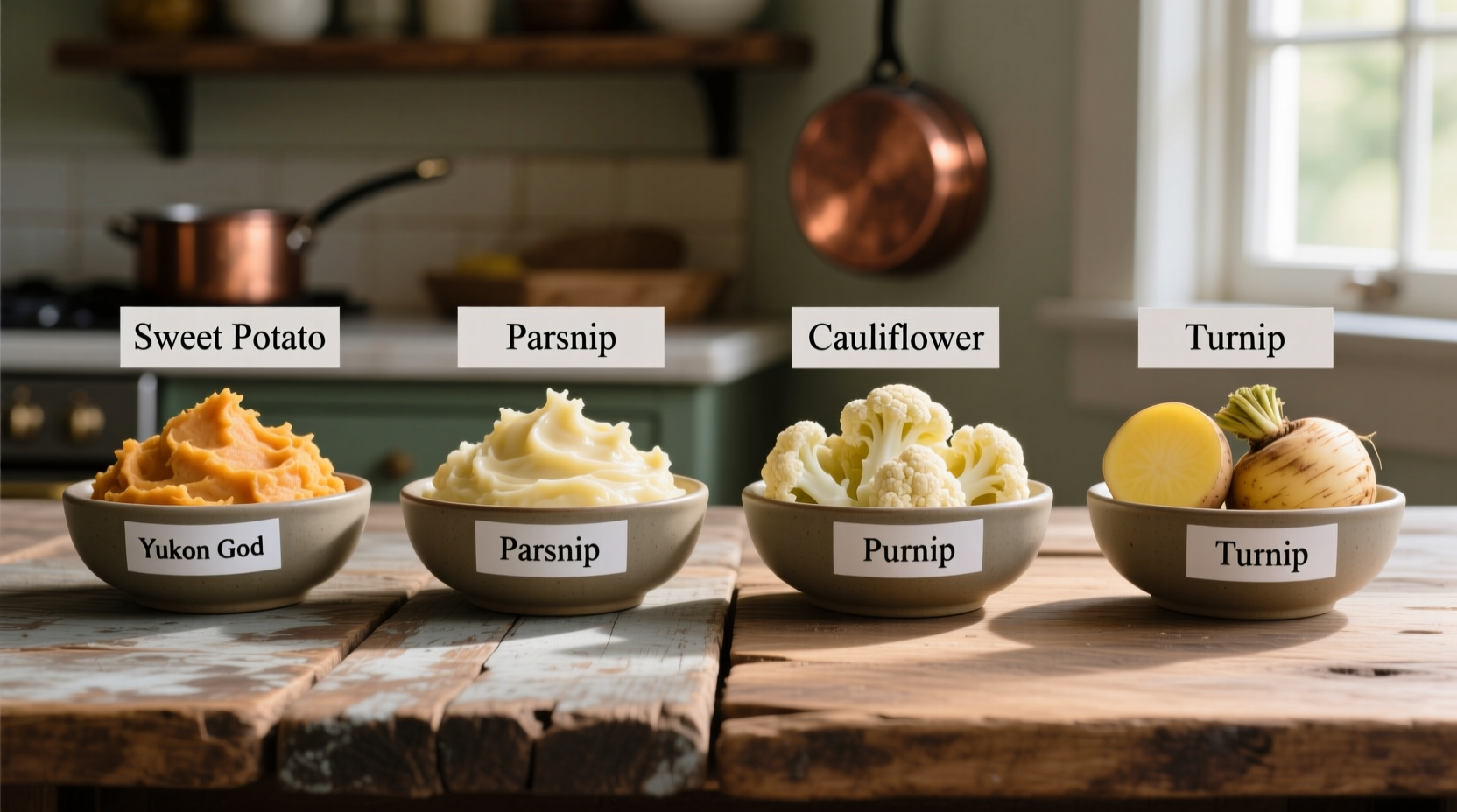 Comparison of Yukon Gold potato substitutes on wooden table