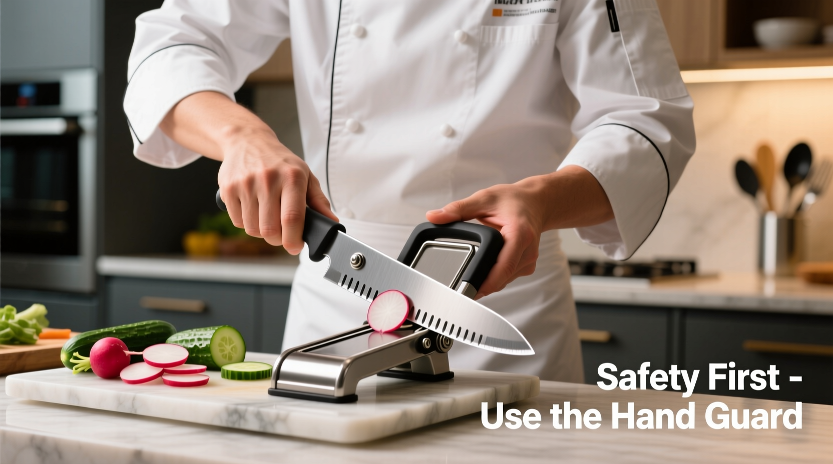 Chef demonstrating safe mandoline technique with hand guard