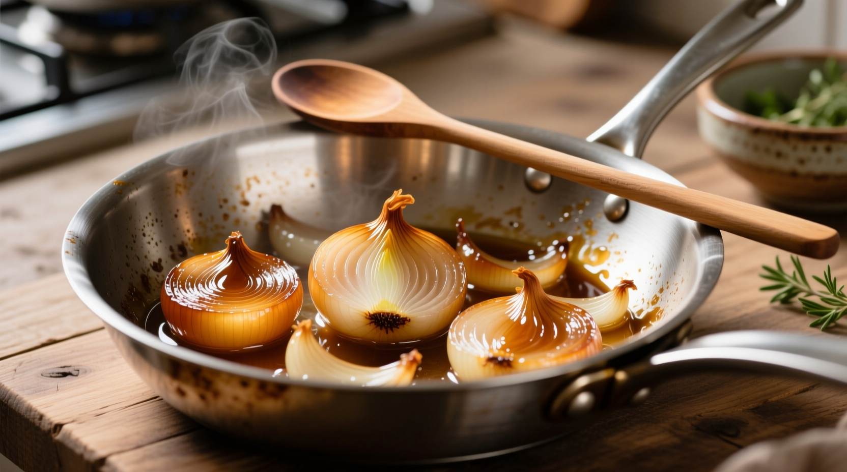 Caramelized onions in stainless steel skillet