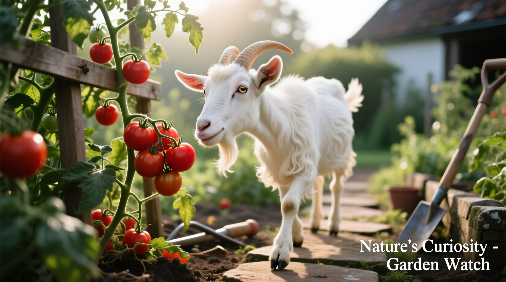 Goat cautiously approaching tomato plants in garden