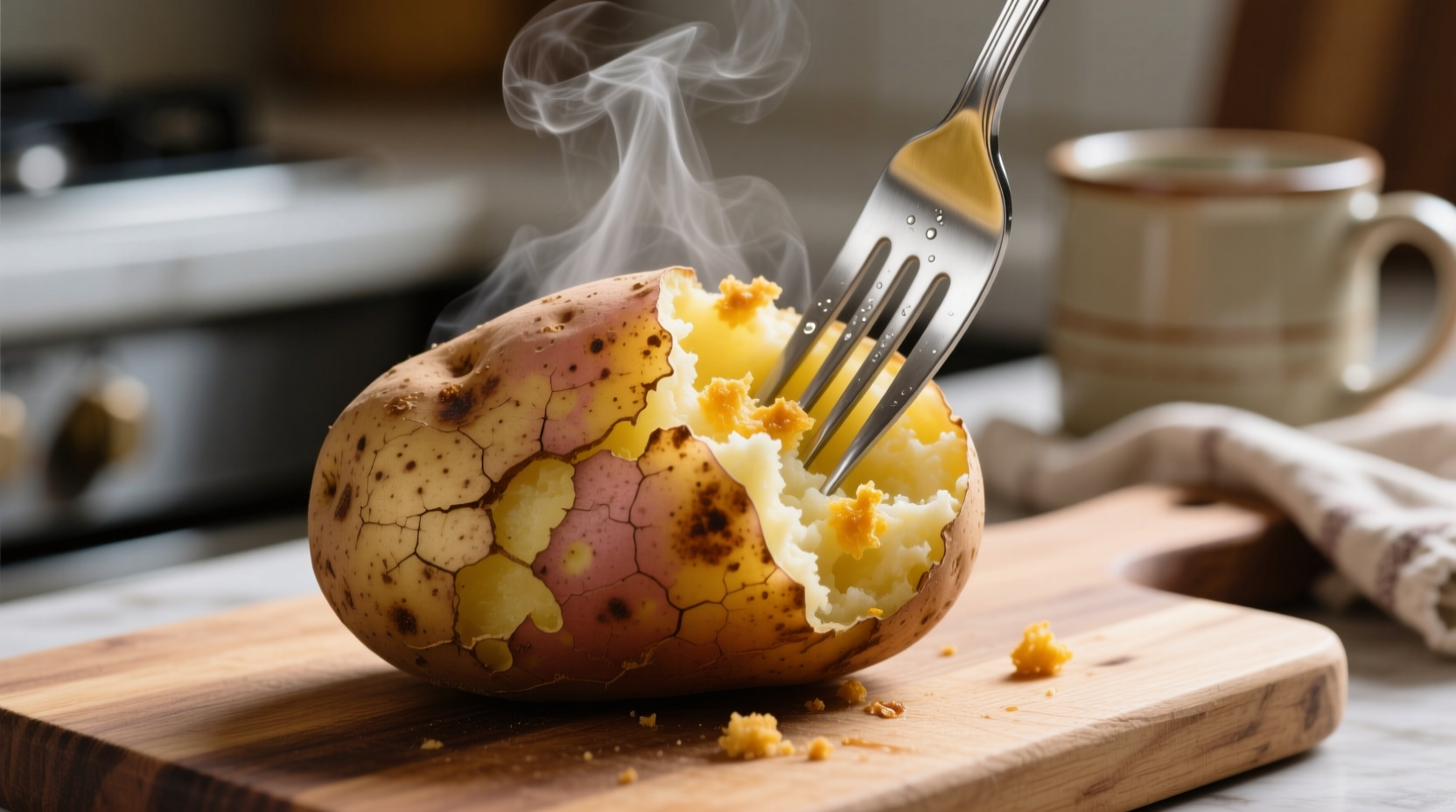 Microwaved potato with fork showing fluffy interior