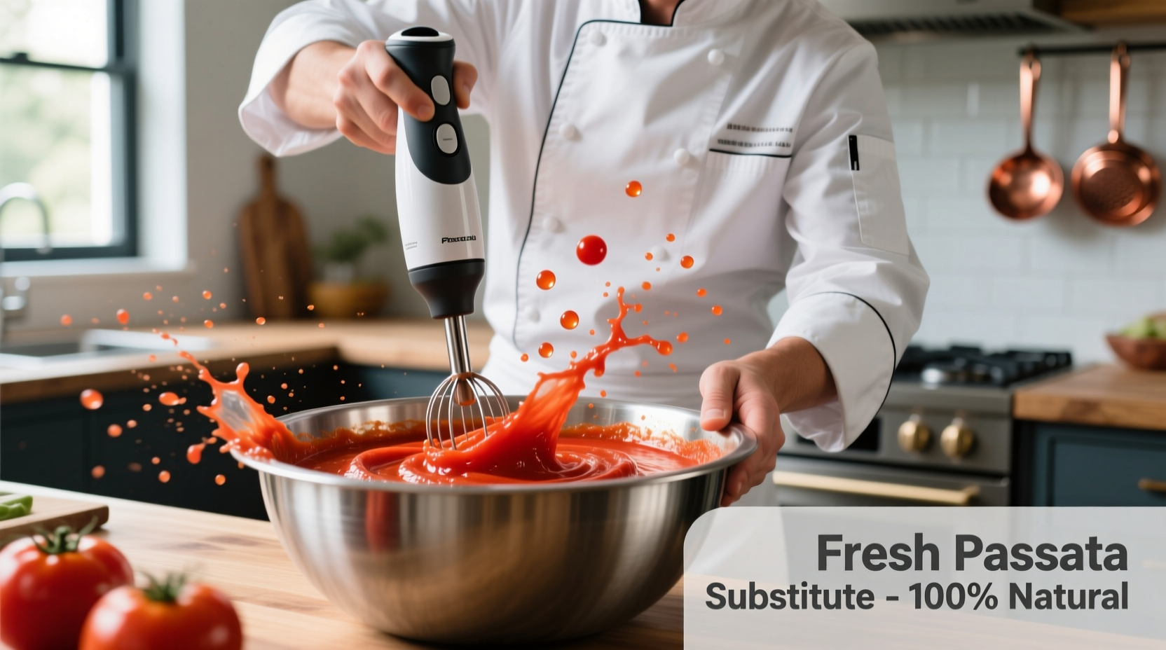Chef blending fresh tomatoes for passata substitute