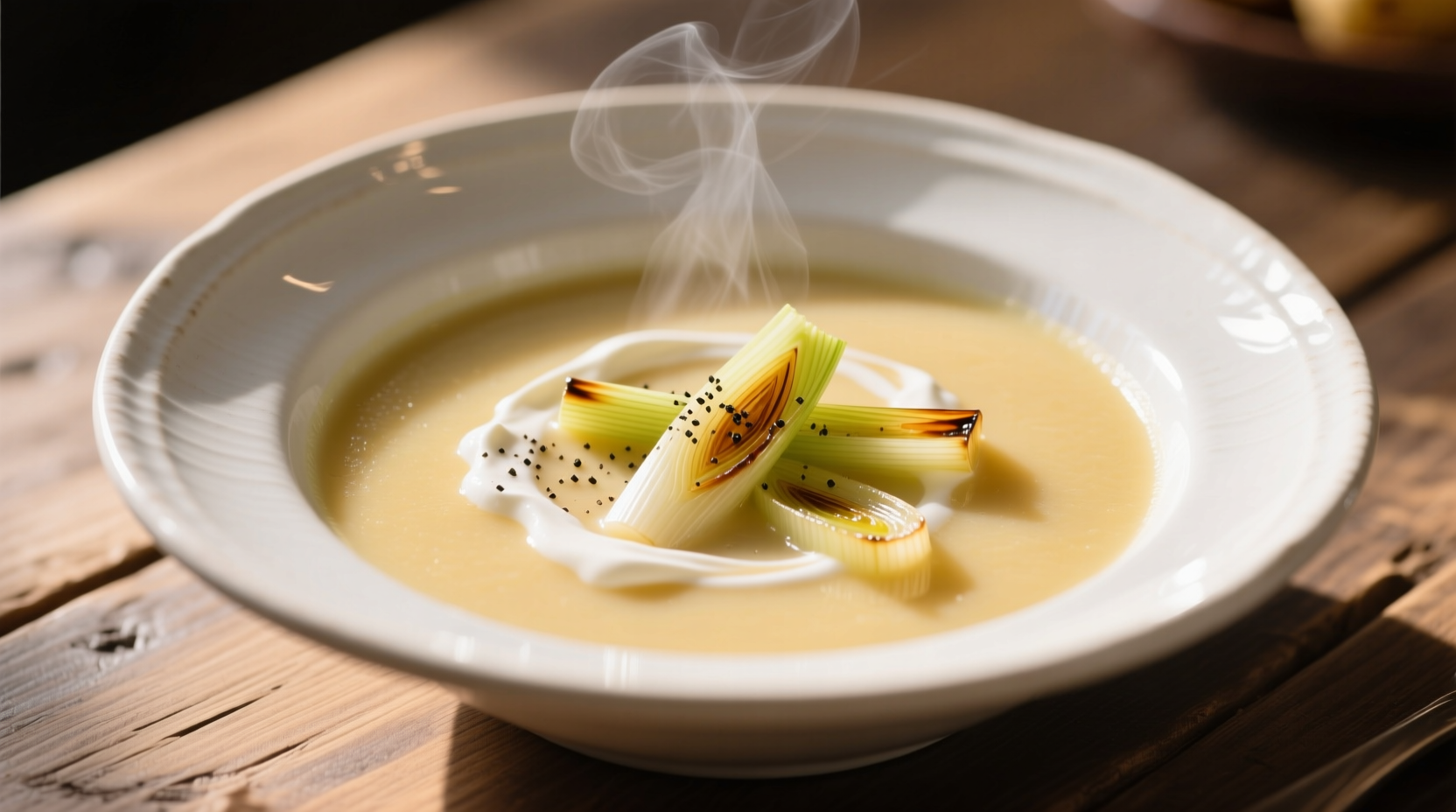 Creamy potato soup with leeks in white bowl