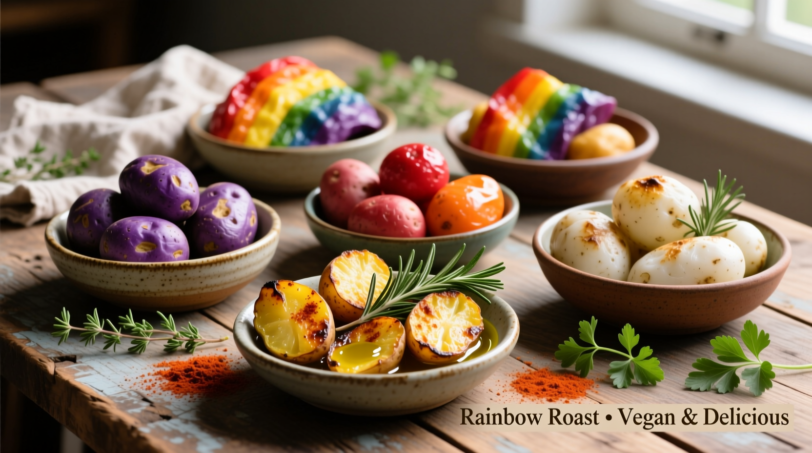 Vegan potato recipes with colorful roasted varieties