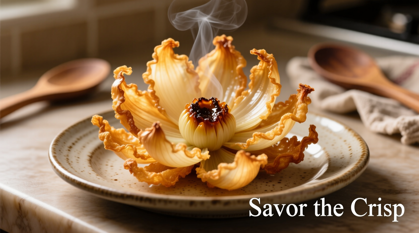 Golden fried onion flower blooming open on serving plate