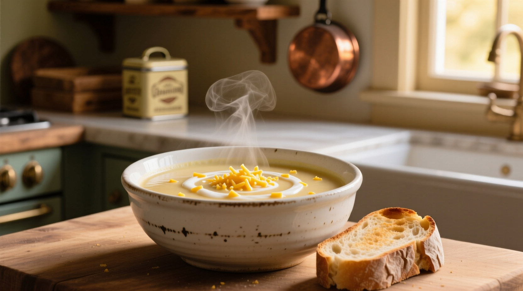 Creamy potato soup with cheese in white bowl