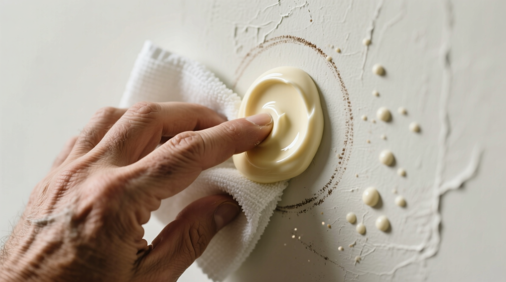 Close-up photo showing a hand applying mayonnaise with gentle circular motion to a crayon mark on off-white eggshell-painted drywall, followed by a clean microfiber cloth wiping away the residue—no streaks, no gloss change