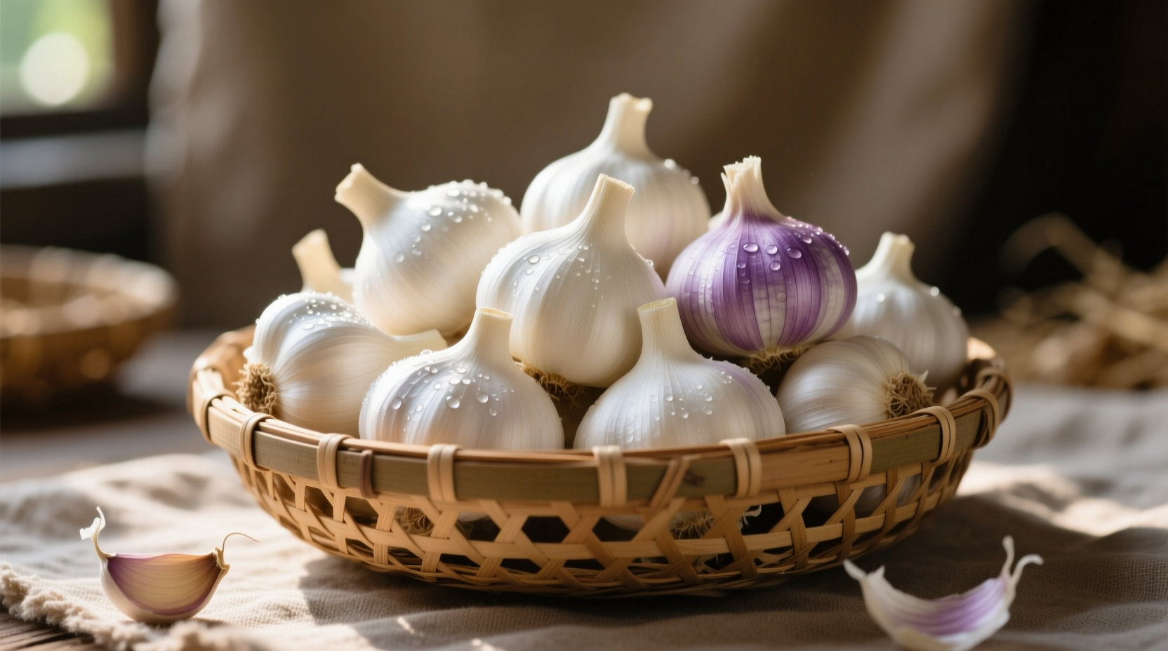 Fresh garlic bulbs in woven basket