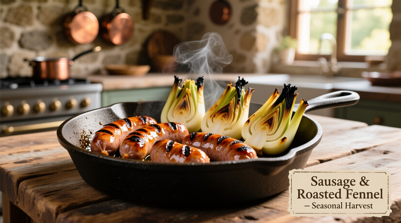Sausage and roasted fennel on cast iron skillet