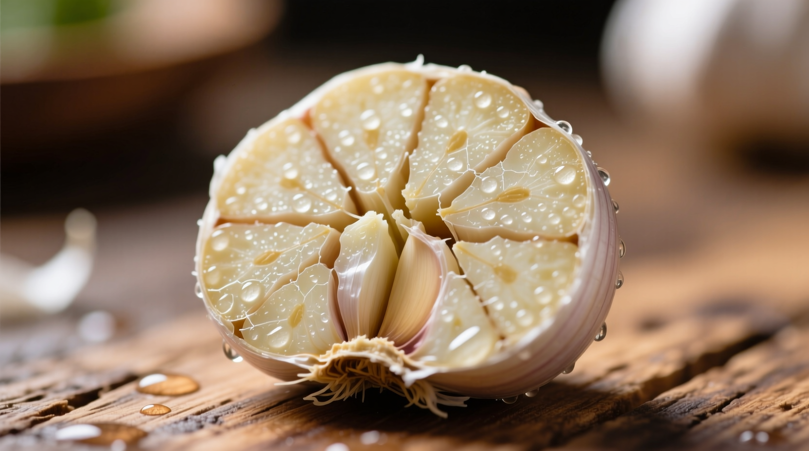 Fresh garlic cloves with crushed section showing texture