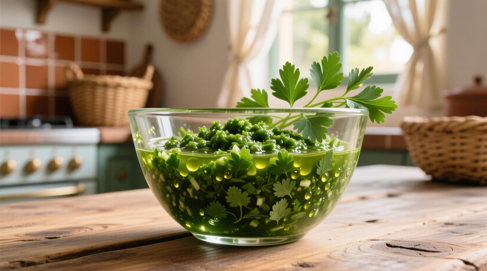 Fresh chimichurri sauce with parsley and cilantro in glass bowl
