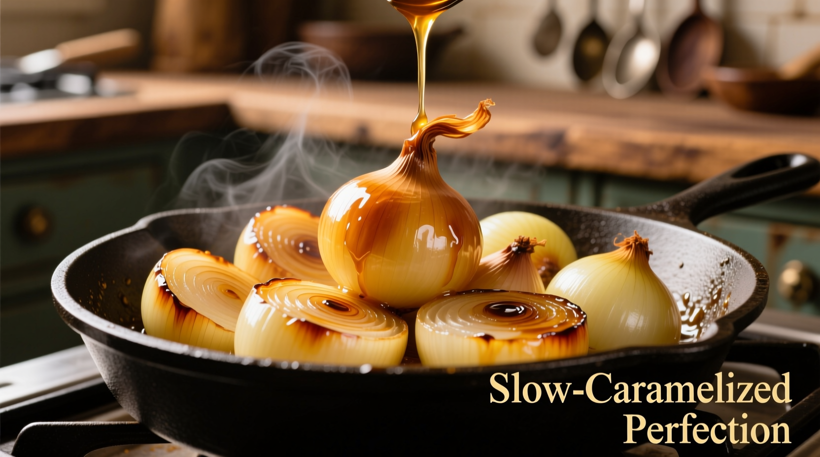 Perfectly caramelized yellow onions in skillet for burgers