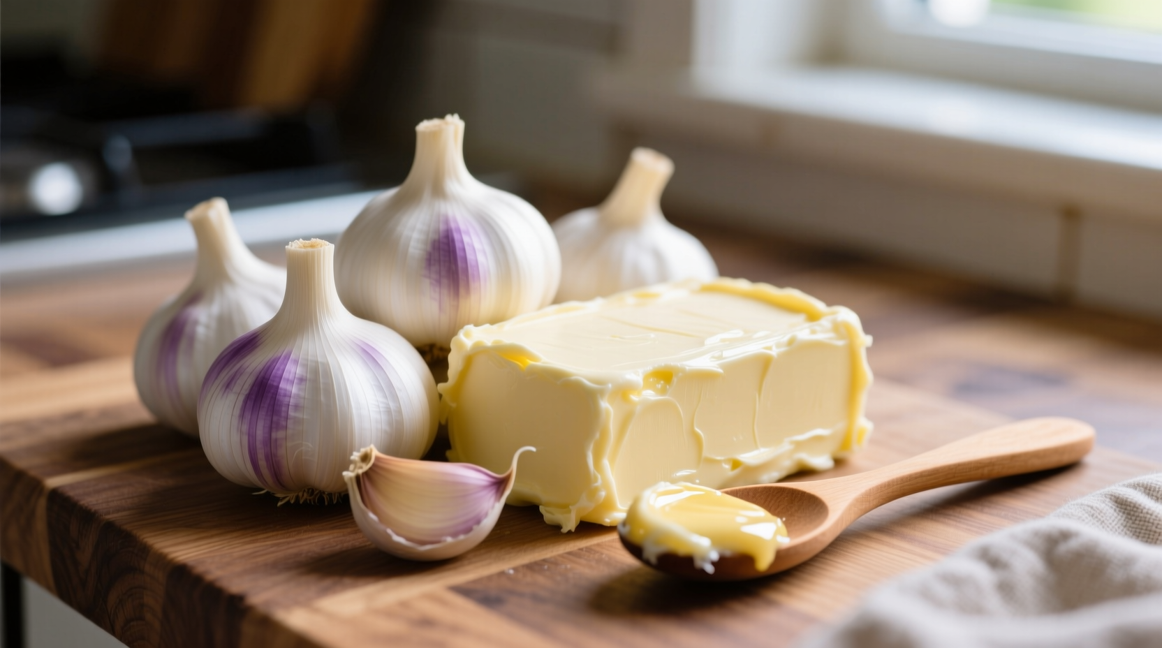 Fresh garlic cloves and butter for homemade spread