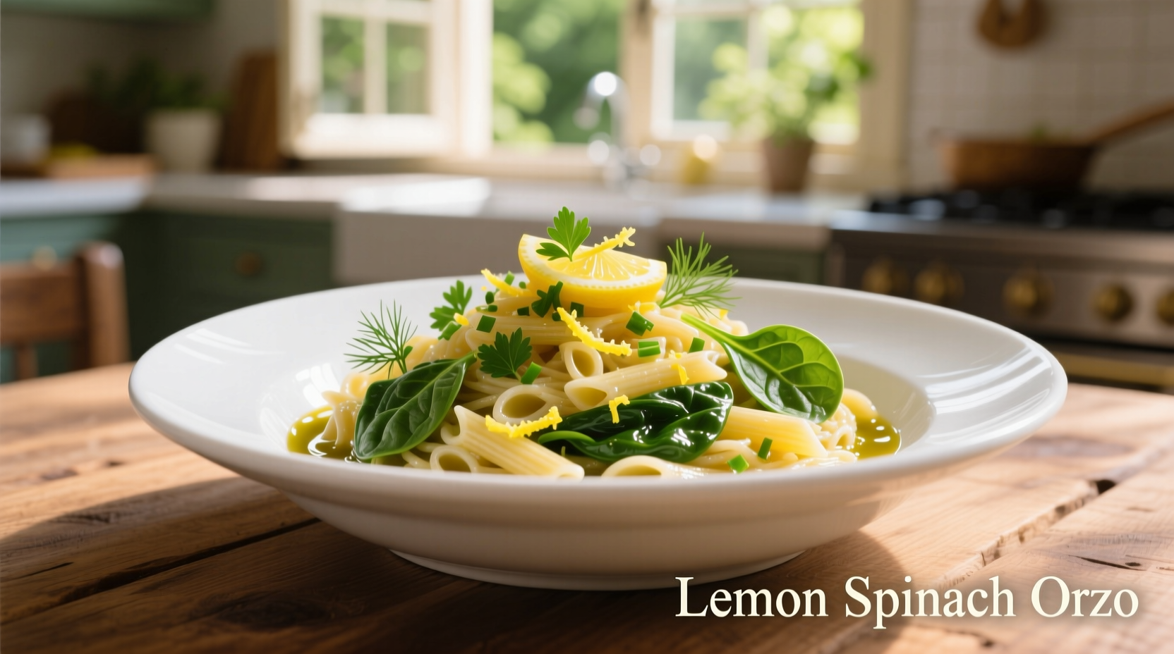 Lemon spinach orzo in white bowl with fresh herbs