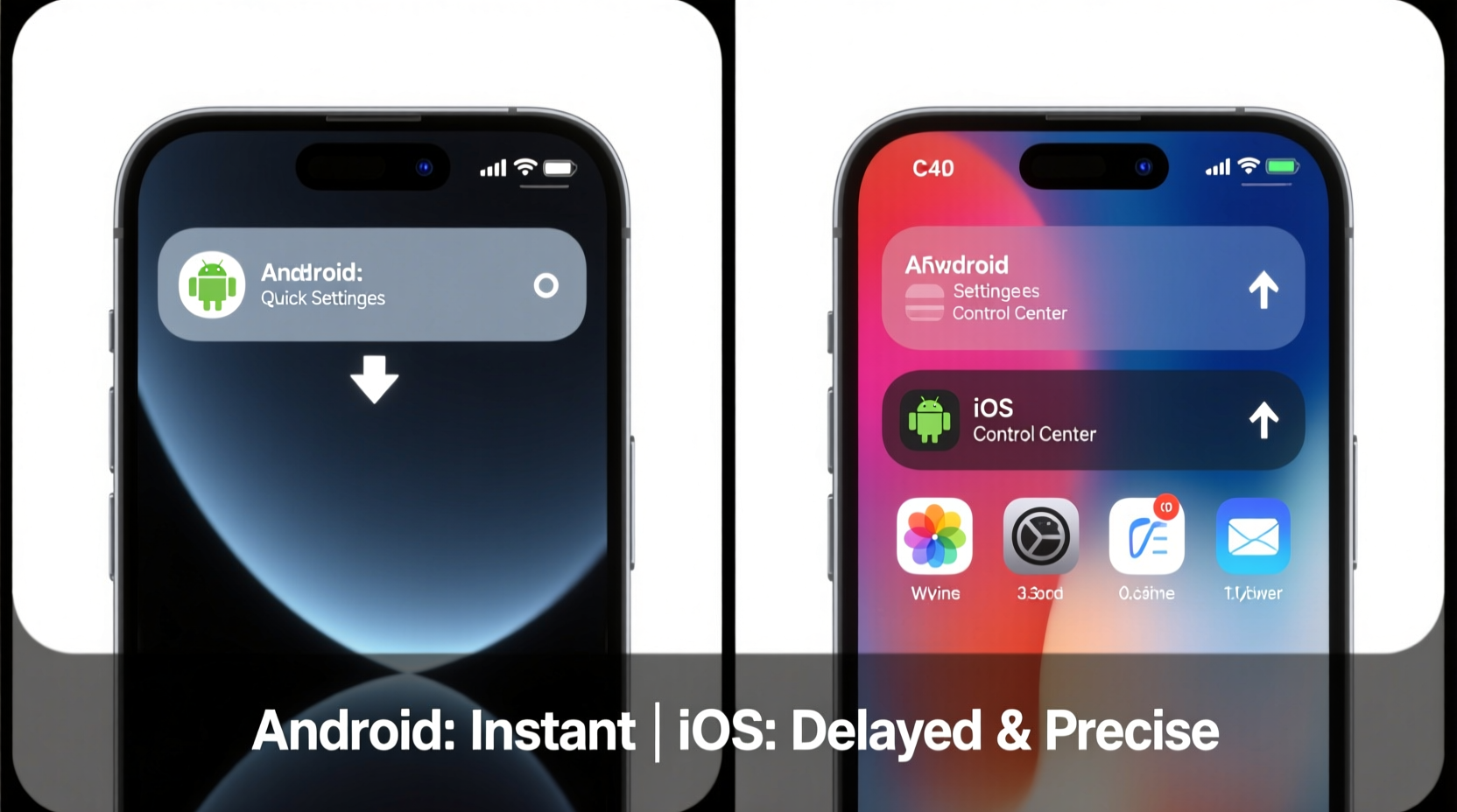 Side-by-side animation showing Android Quick Settings appearing instantly after second downward swipe versus iOS Control Center requiring precise top-edge swipe and slight pause before full reveal