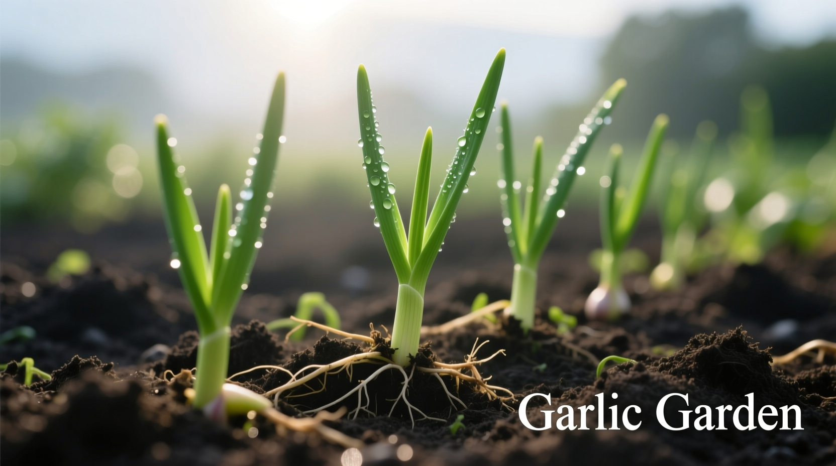 Garlic plants growing in garden soil with green shoots