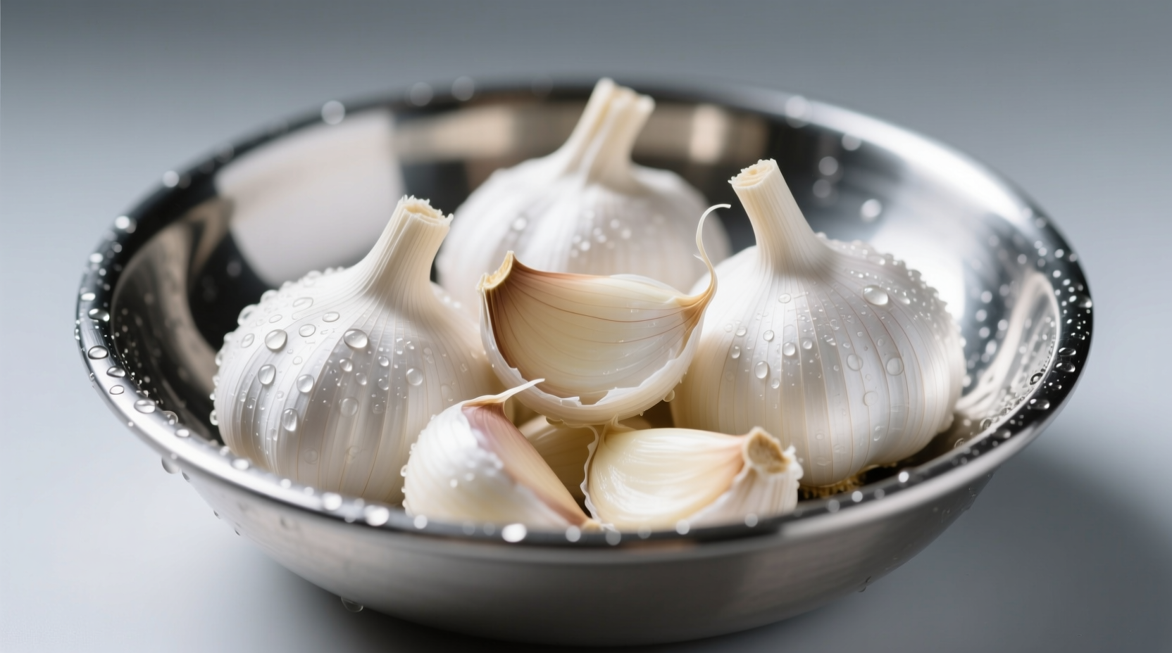 Fresh peeled garlic cloves in stainless steel bowl