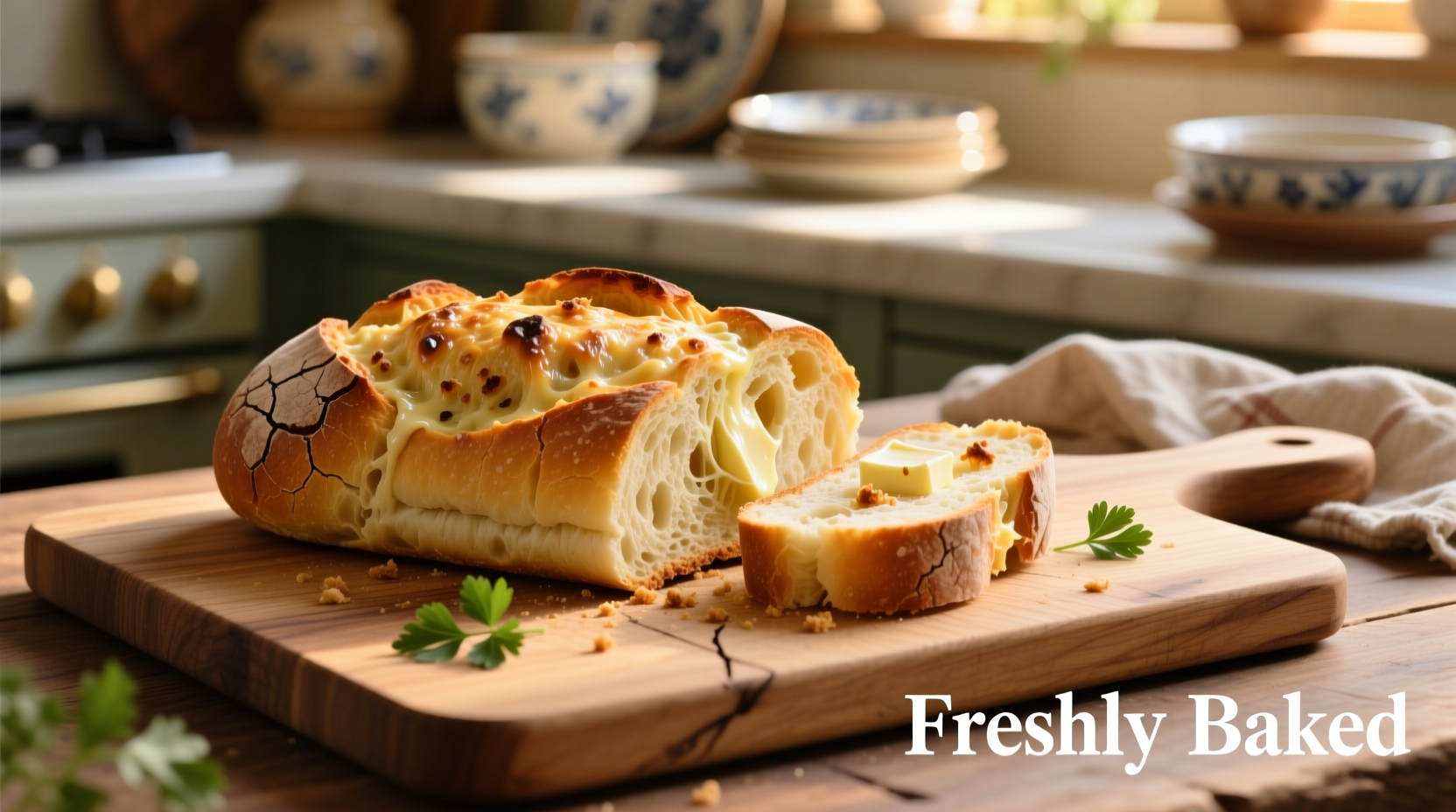 Freshly baked garlic bread on wooden cutting board