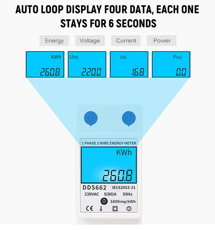 Contatore Energia Elettrica Monofase - Digitale, 230V, Fino A 80A - Misura Potenza, Corrente E Frequenza