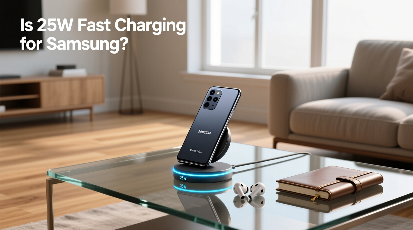 Samsung 25W wireless charger on a nightstand
