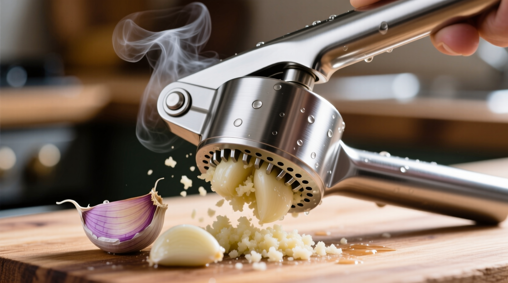 Stainless steel garlic press crushing fresh garlic cloves