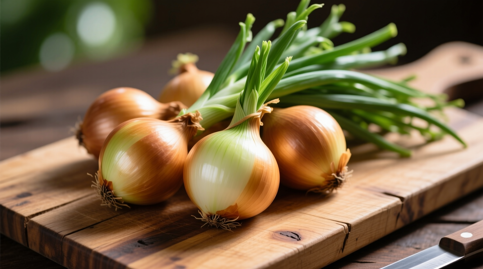 Fresh Maui onions with green tops on wooden cutting board