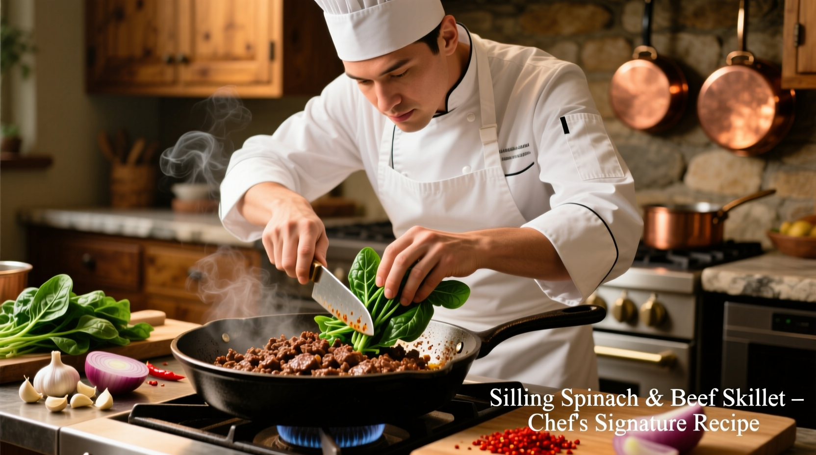 Chef preparing ground beef and spinach skillet meal