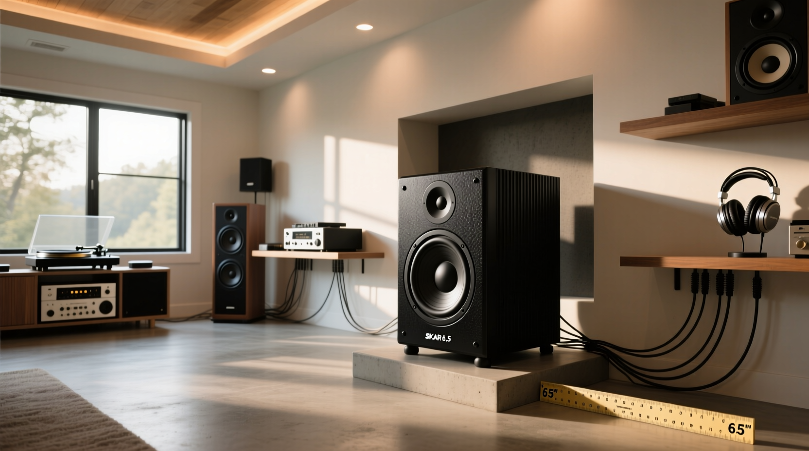 Pre-fabricated Skar 6.5 subwoofer box with front-firing port and mounting bracket