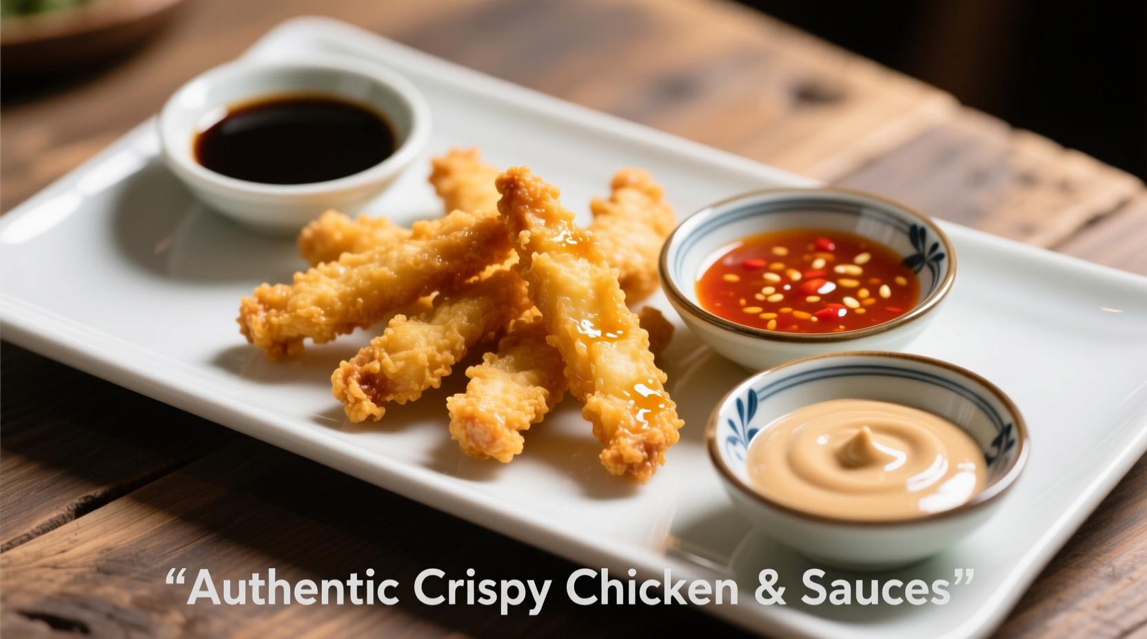 Three dipping sauces served with crispy chicken strips