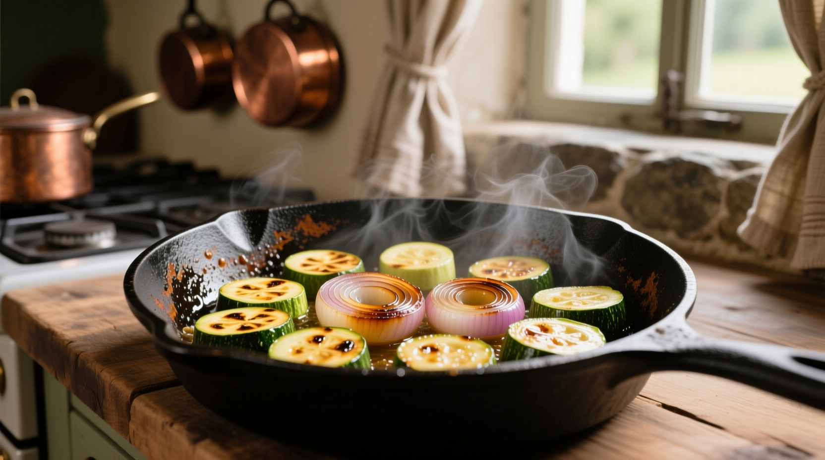 Golden brown zucchini and onions in cast iron skillet