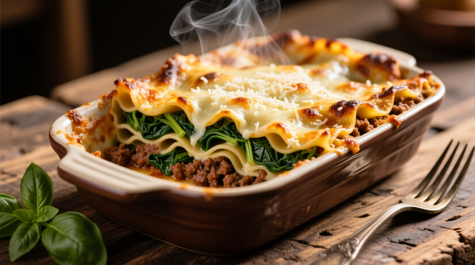 Layered lasagna with spinach and meat in baking dish