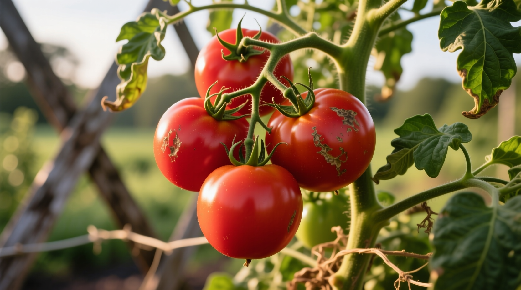 Ripe creole tomatoes on vine with green leaves