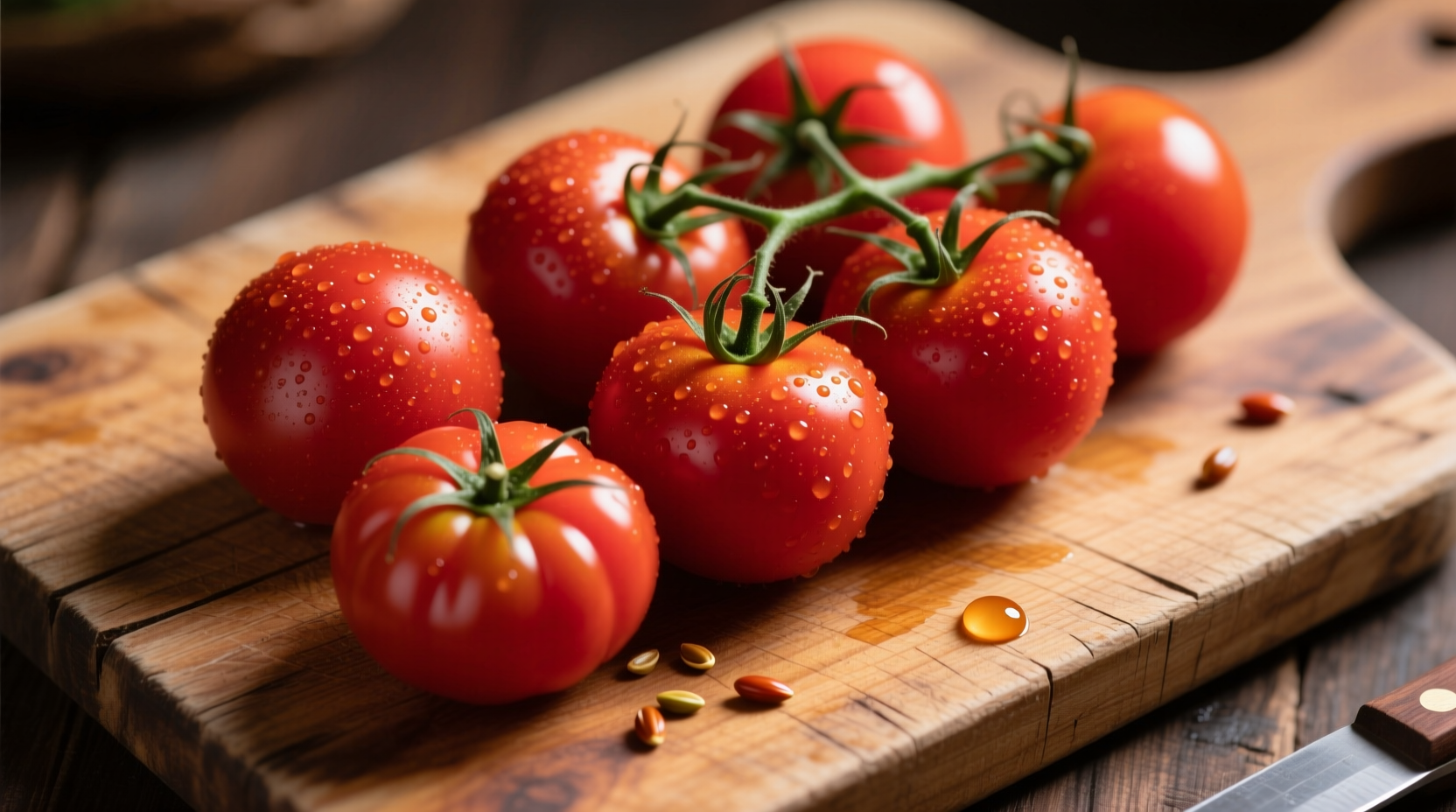 Fresh tomatoes on wooden cutting board
