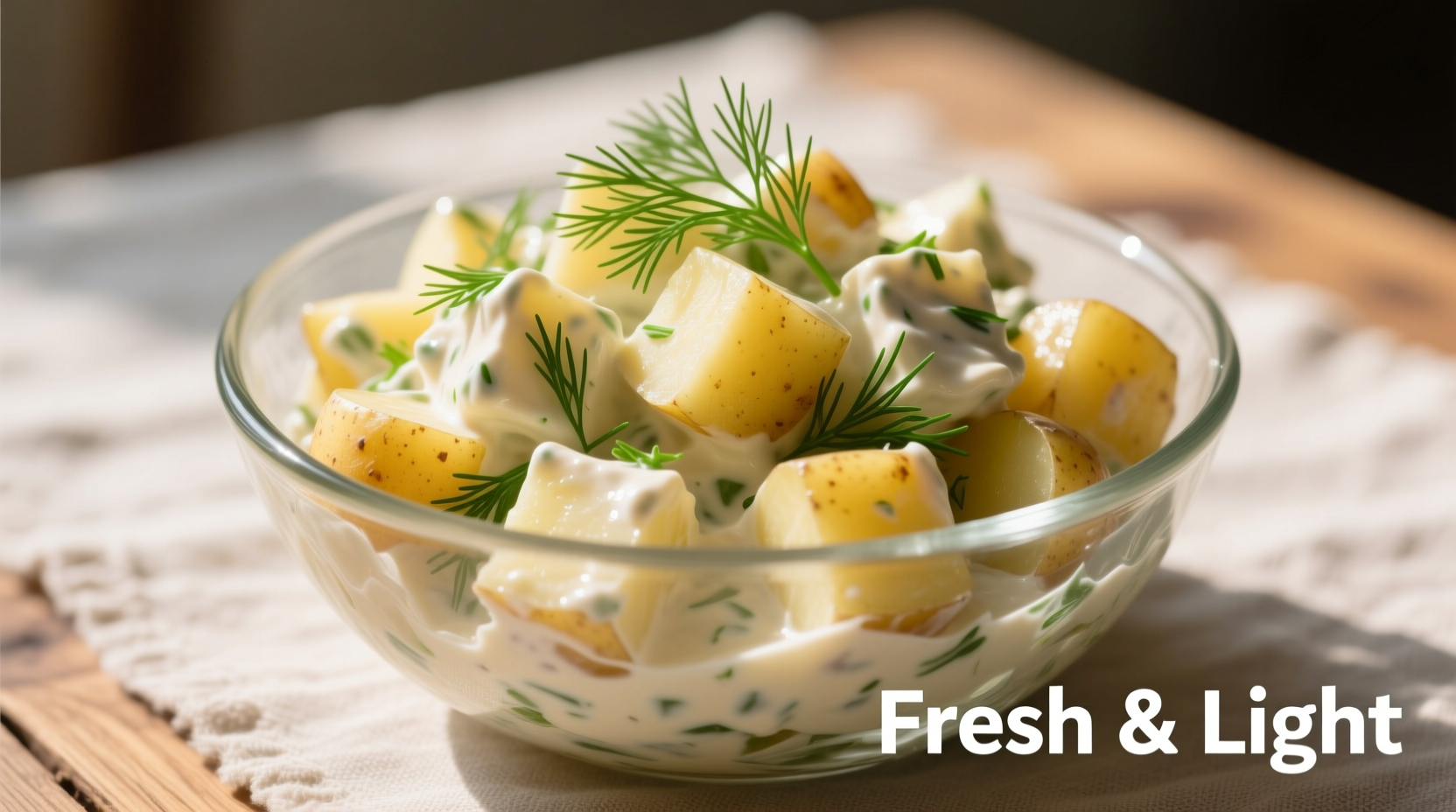 Creamy egg-free potato salad in glass bowl with fresh dill garnish