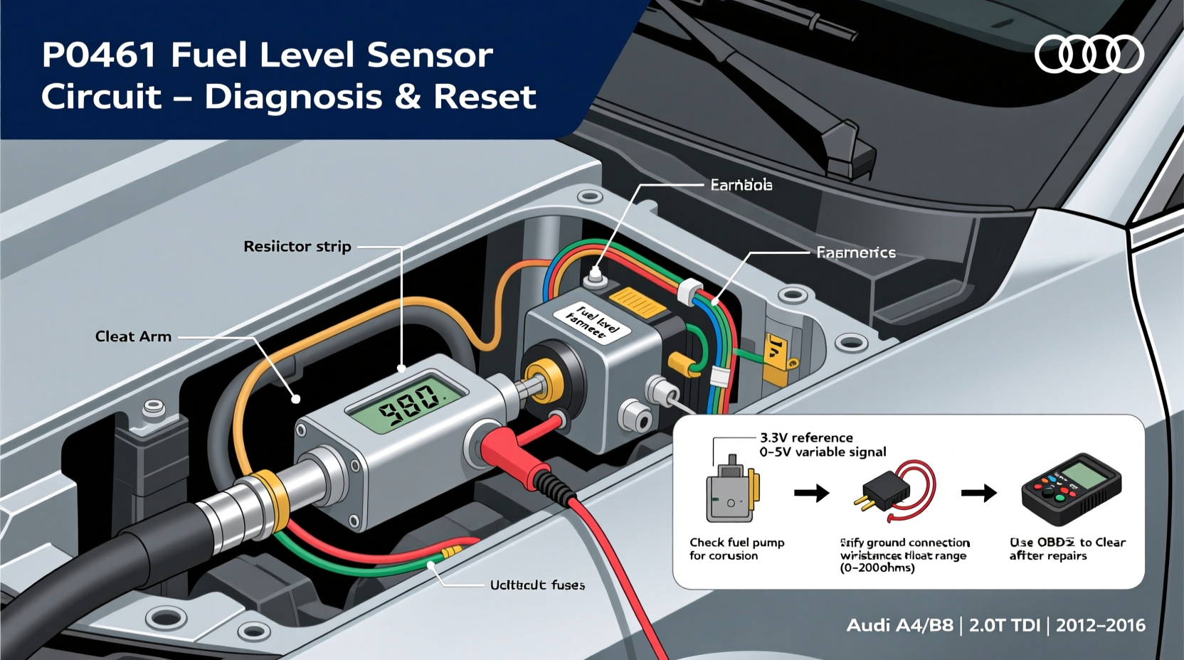 how to diagnose and reset audi p0461 fuel level sensor code for reliable performance