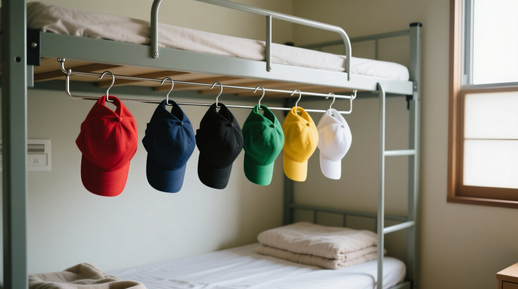 store baseball caps on your dorm bunk bed with a wire h