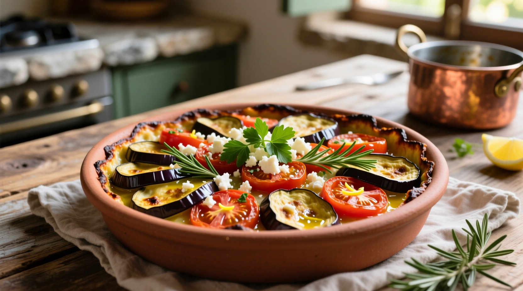 Fresh Mediterranean eggplant and tomato bake with herbs