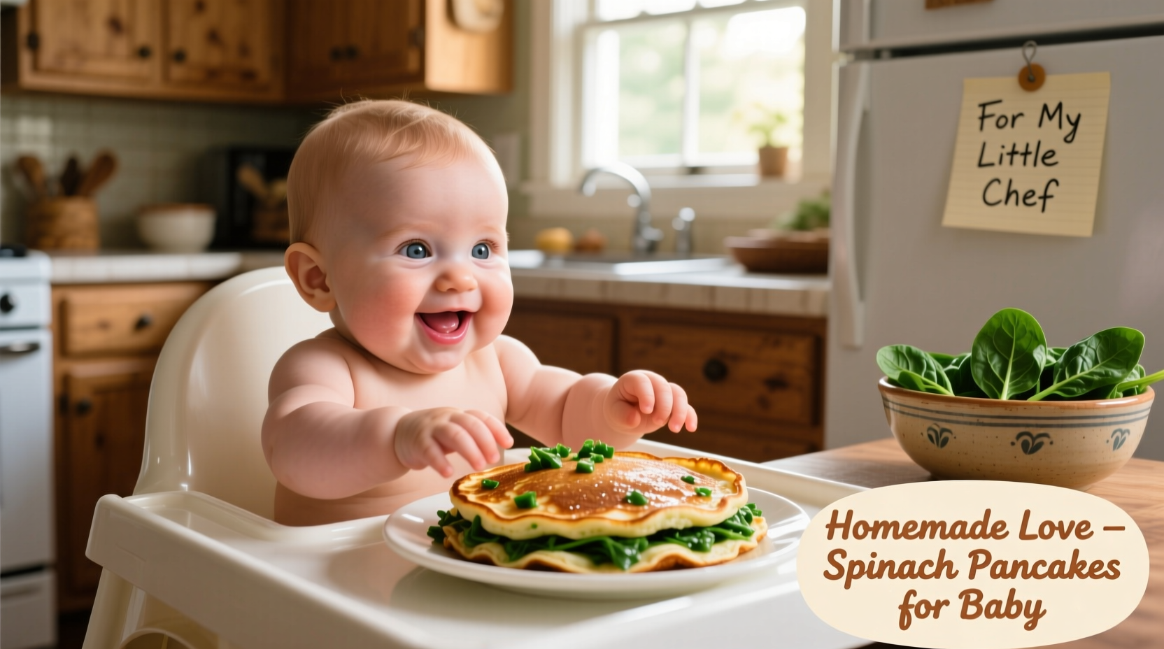 Baby enjoying homemade spinach pancakes