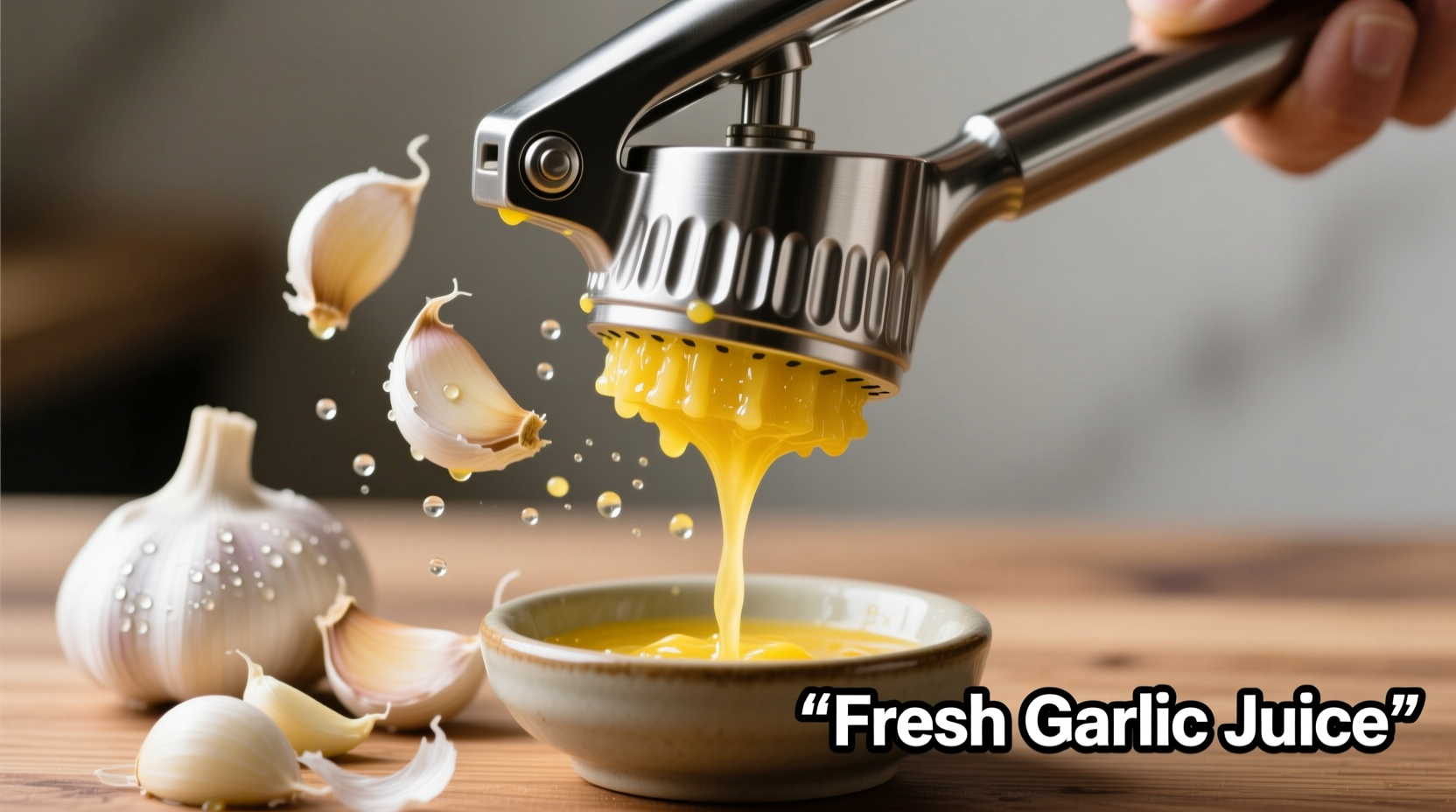 Fresh garlic cloves being juiced with citrus press