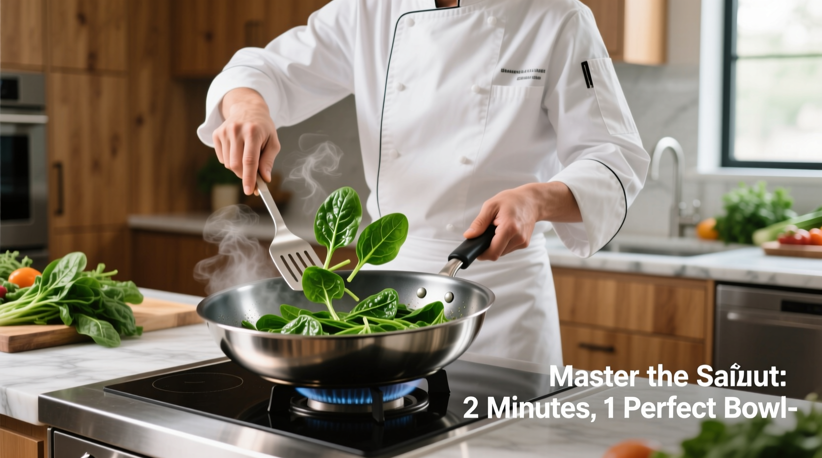 Chef demonstrating proper spinach sautéing technique