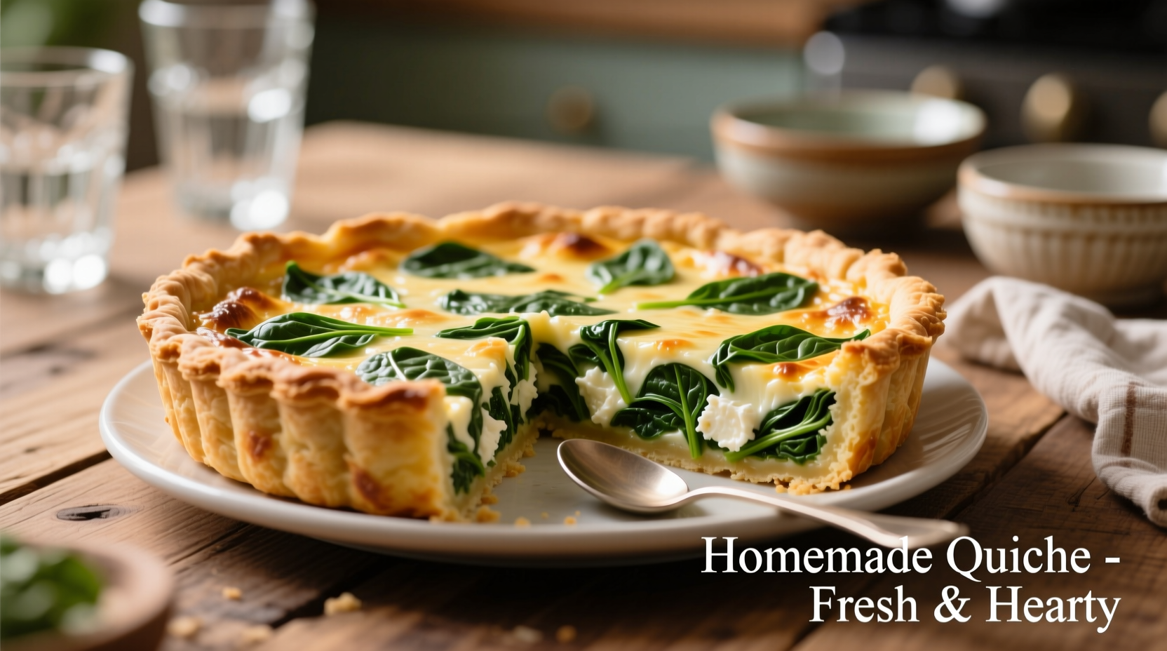 Perfectly baked spinach and feta cheese quiche with golden crust