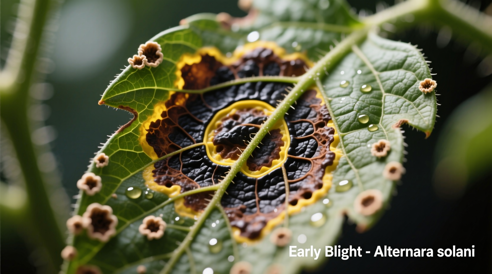 Close-up of tomato leaf showing early blight concentric rings