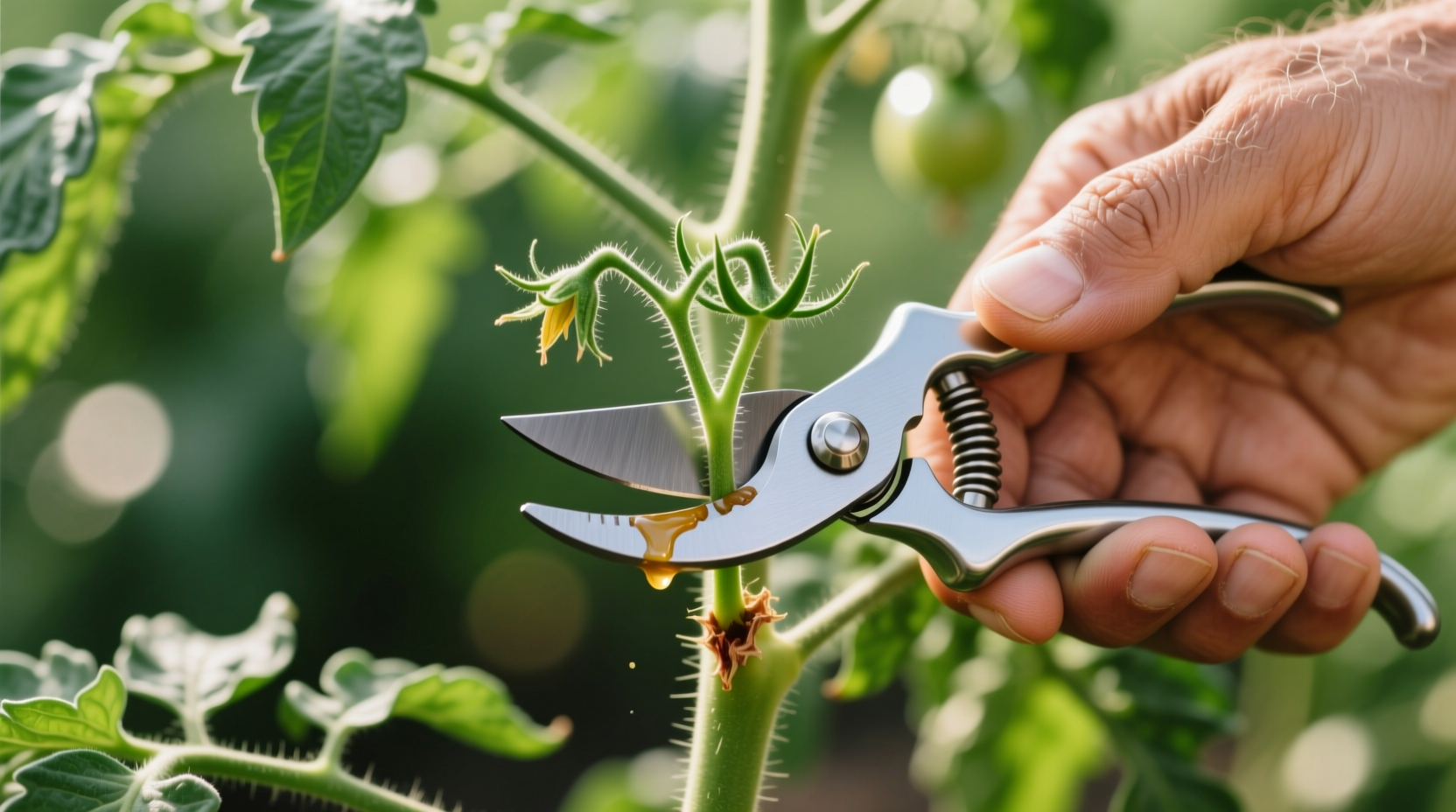 Close-up of hand pruning tomato suckers with clean cut
