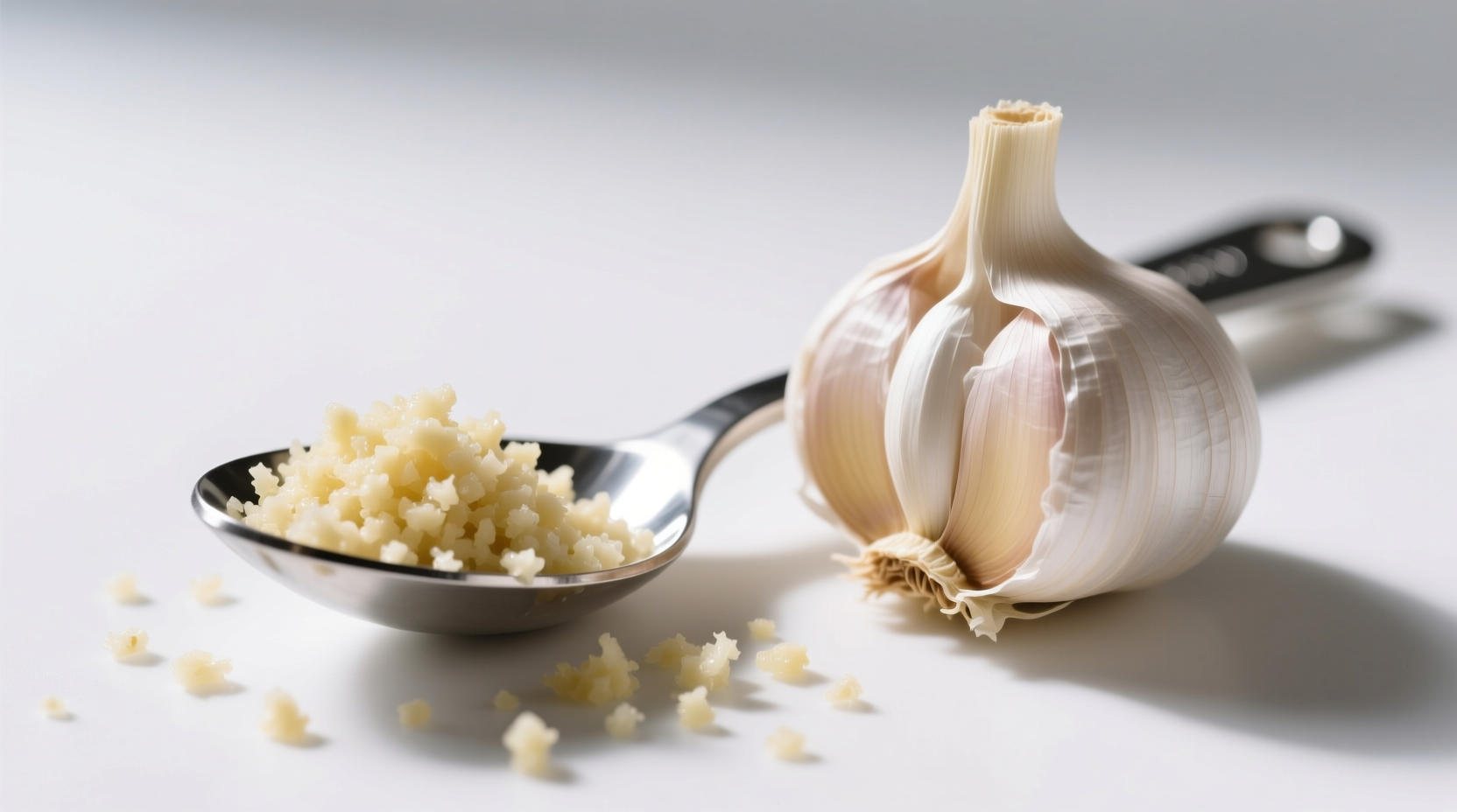 Garlic clove next to measuring spoon with minced garlic