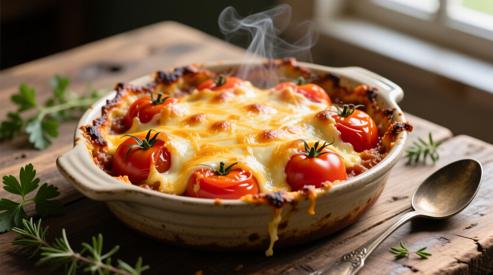 Golden tomato casserole with melted cheese topping
